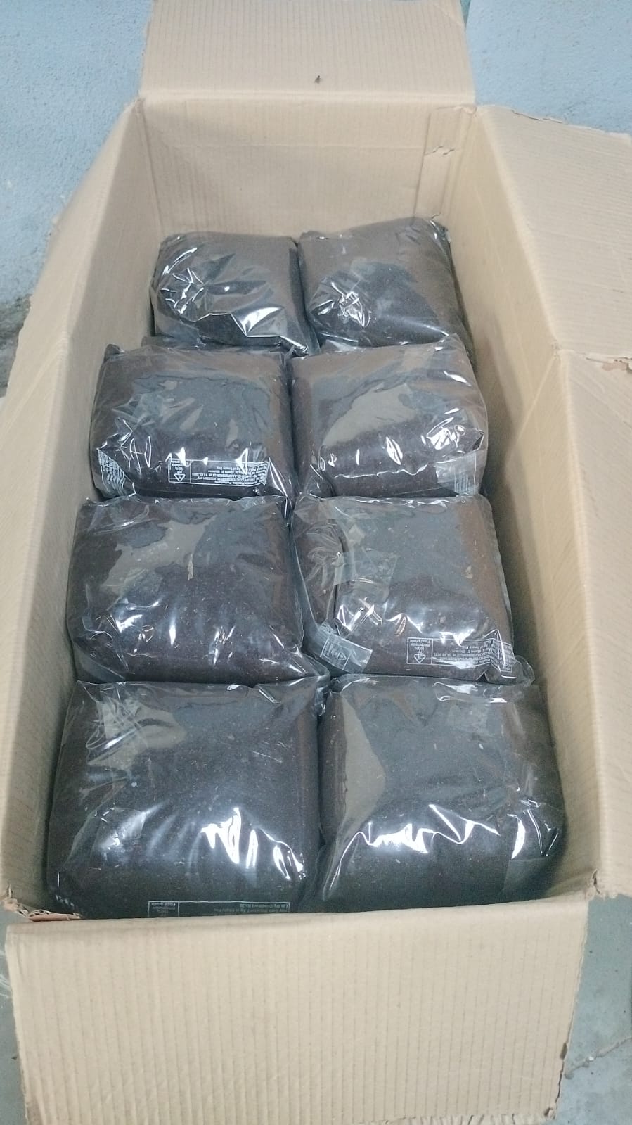 Packaged compost bags prepared for dispatch